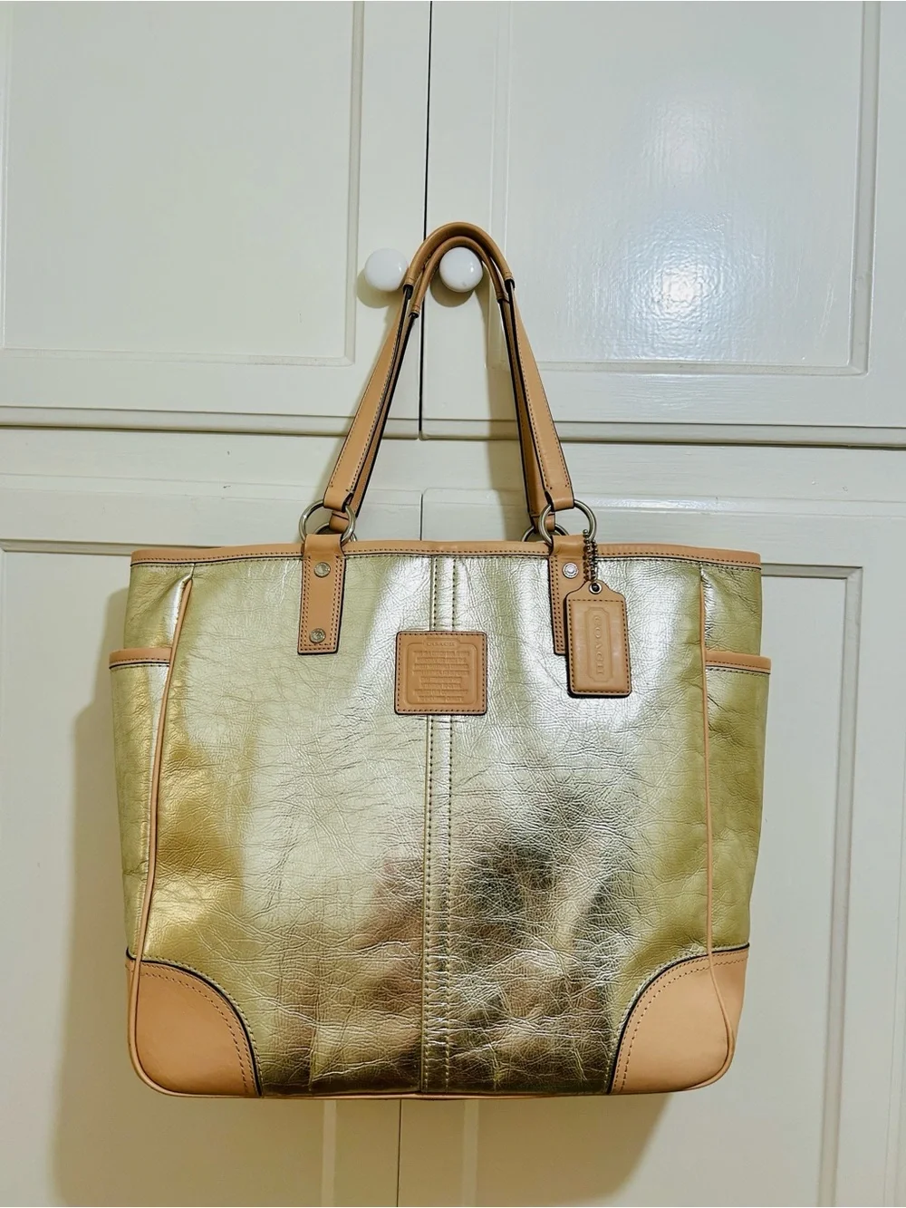 Coach Metro XL Gold Metallic Tote With Tan Trim
